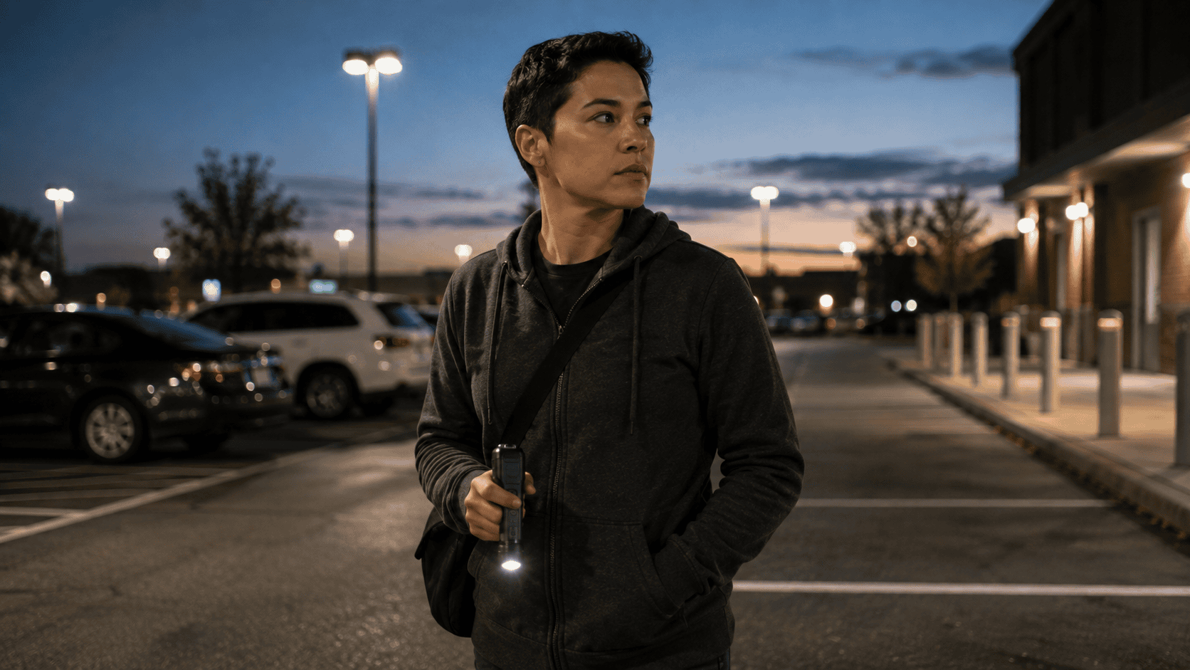 ChatGPT Image TWO Aug 21 2026 | Nittany Self Defense | Nittany Self Defense Person carrying a compact stun gun and flashlight while walking through a well lit parking area at dusk