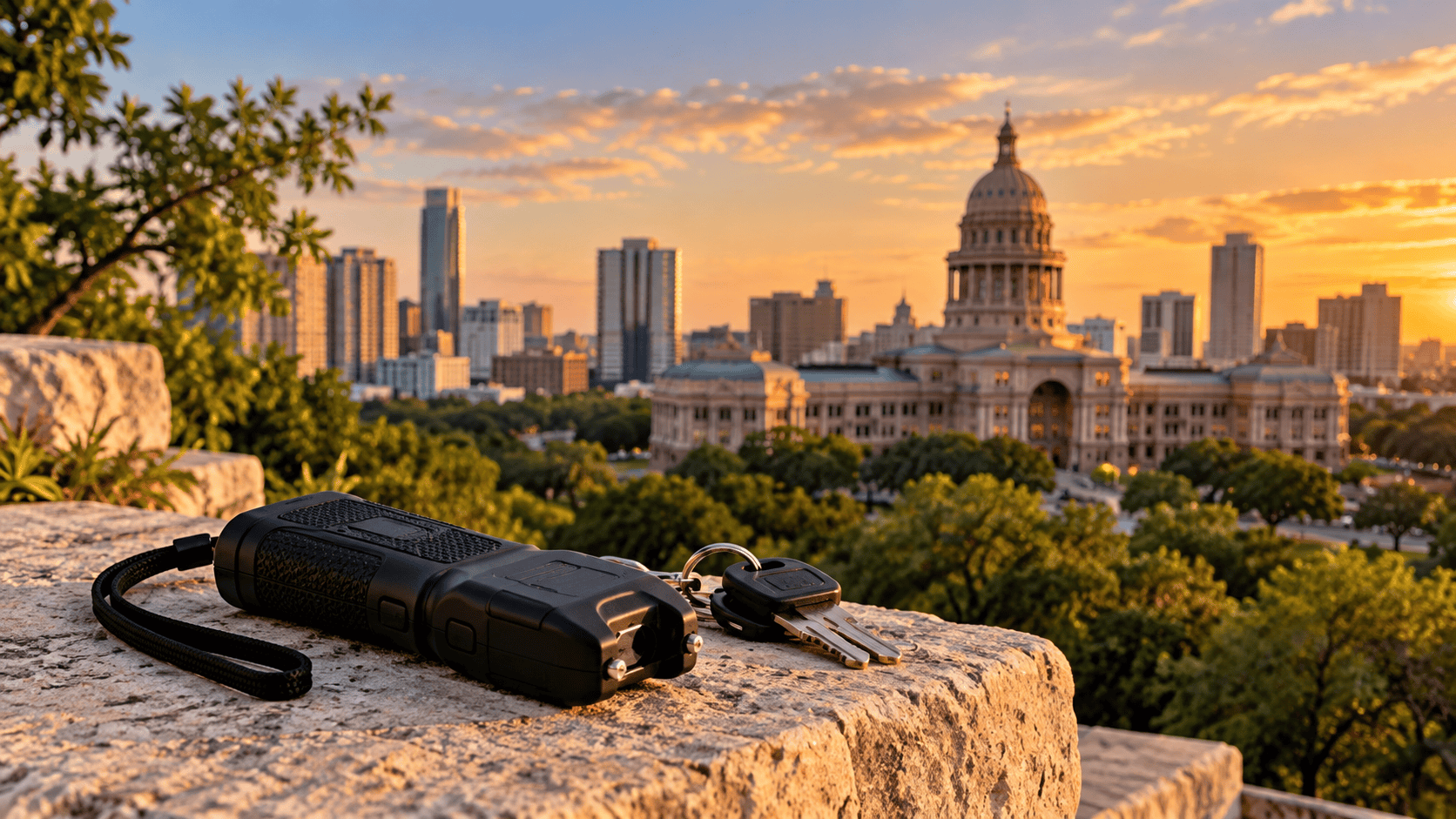 Are Stun Guns Legal in Texas | Texas SelfDefense Laws | Nittany Self Defense | Nittany Self Defense Black handheld stun gun and keys on a stone ledge overlooking the Texas State Capitol and Austin skyline at sunset