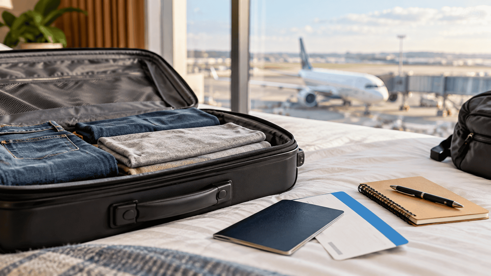 Are Stun Guns Allowed on Planes TSA Travel Rules | Nittany Self Defense | Nittany Self Defense Open suitcase with neatly packed clothing passport travel documents and notebook near an airport window with an airplane outside