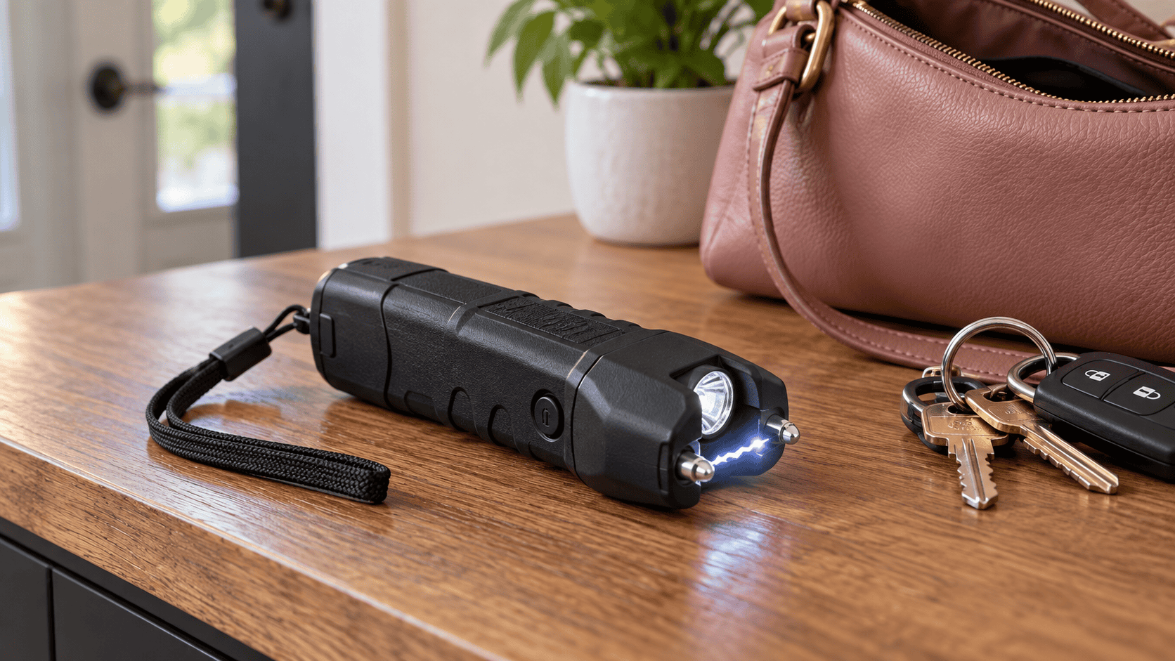 Stun Gun Facts How Stun Guns Work | Nittany Self Defense | Nittany Self Defense Compact stun gun with flashlight and wrist strap resting beside keys on a wooden entryway table