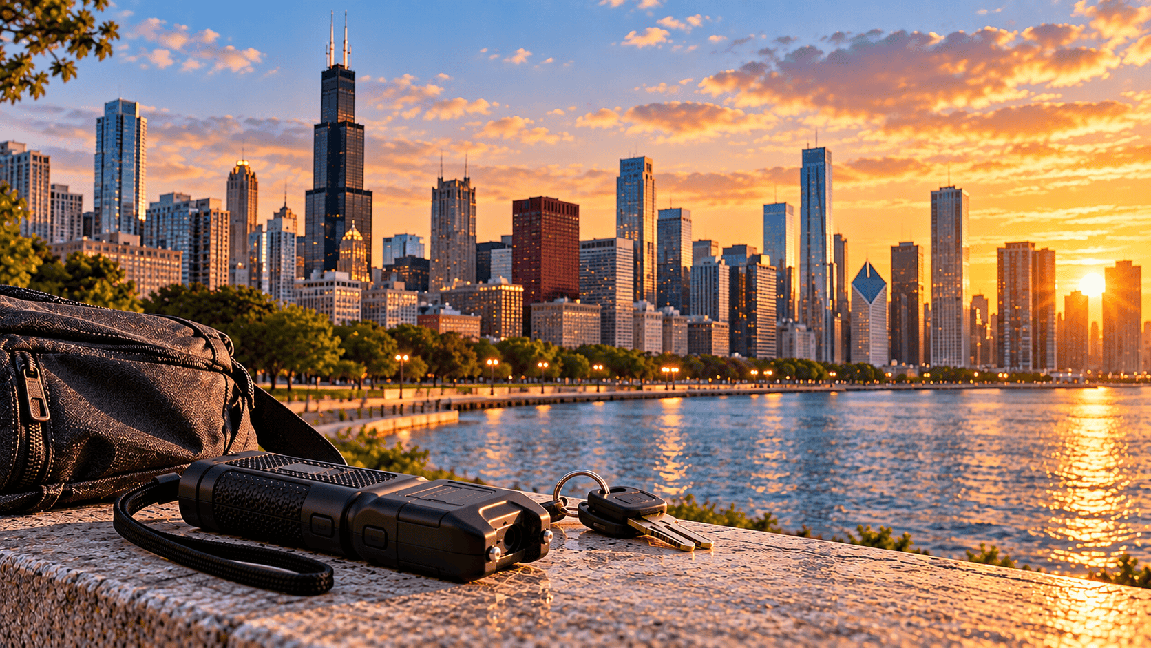 Compact black self defense device bag and keys on a stone ledge overlooking Chicagos downtown skyline and Lake Michigan at sunset