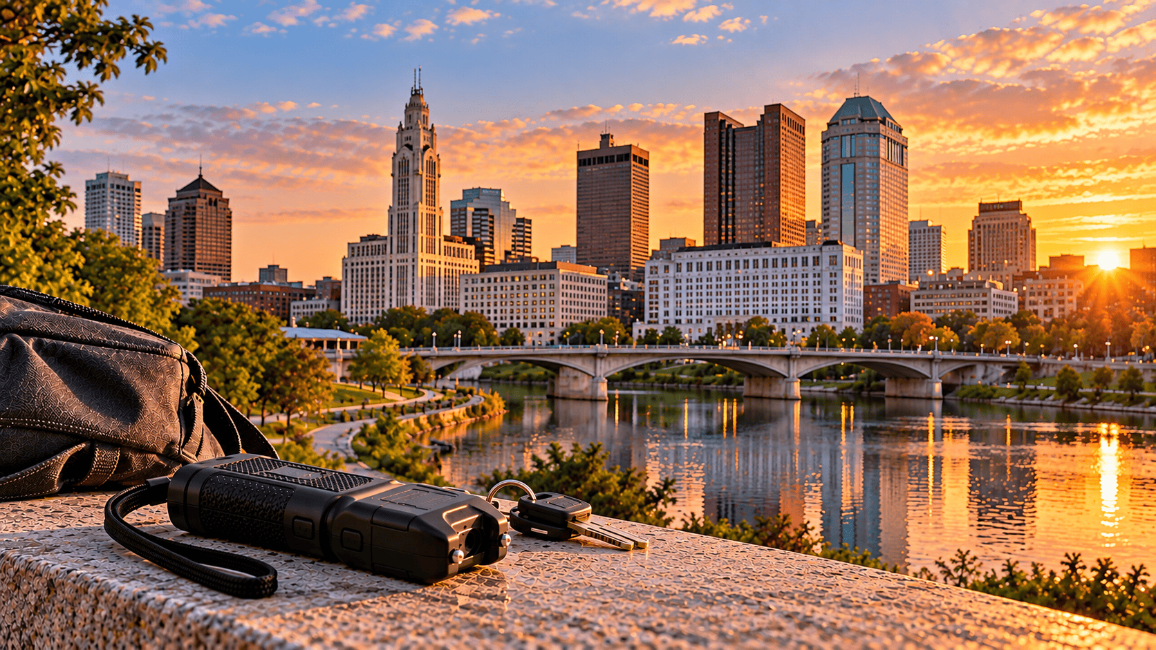 Compact black self defense device keys and bag on a stone ledge overlooking the Scioto River bridge and downtown Columbus skyline at sunset
