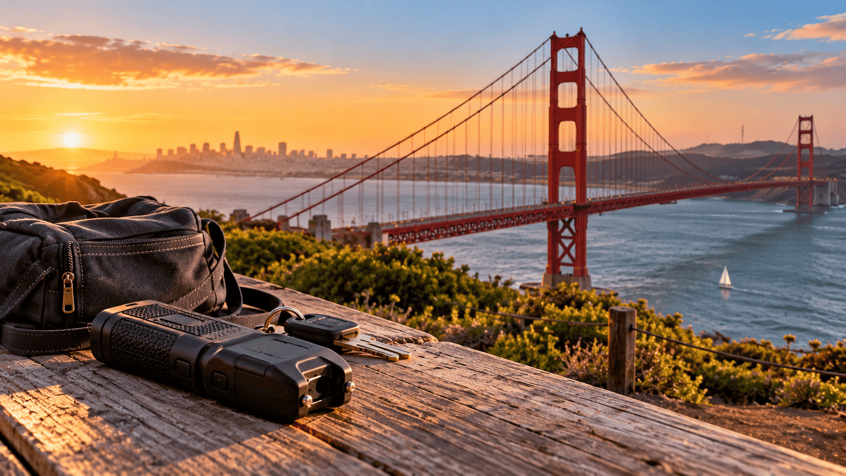 Everyday personal belongings resting on a coastal overlook with the Golden Gate Bridge and San Francisco Bay in the background at sunset