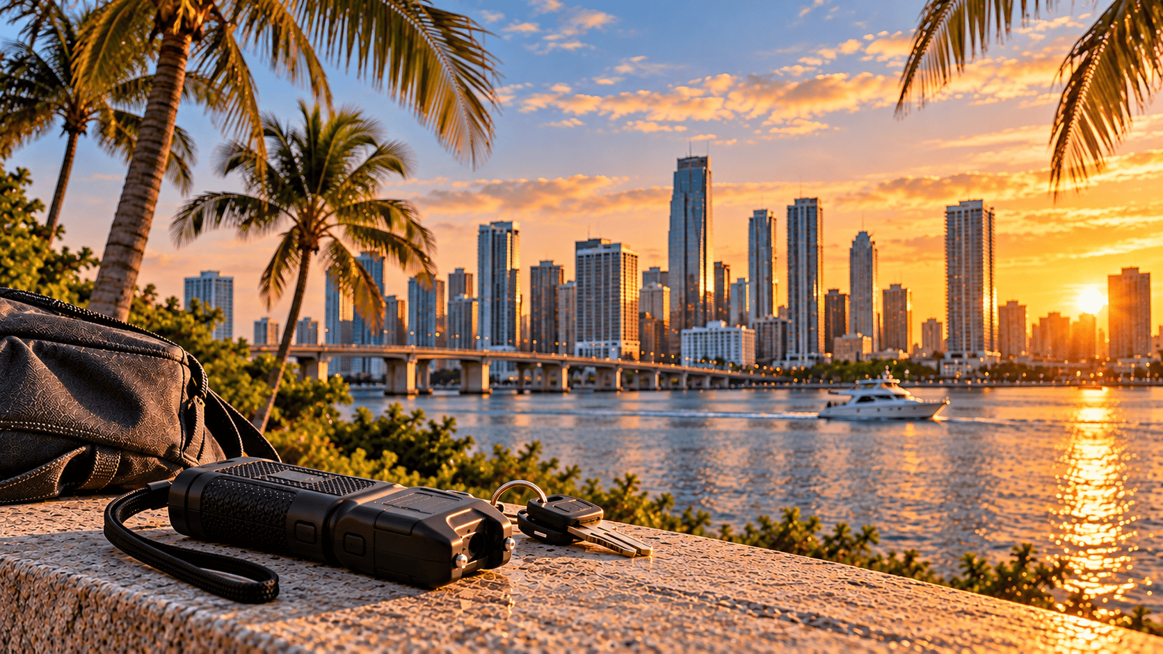 Compact black self defense device keys and a bag overlooking Miamis waterfront skyline palm trees and Biscayne Bay at sunset