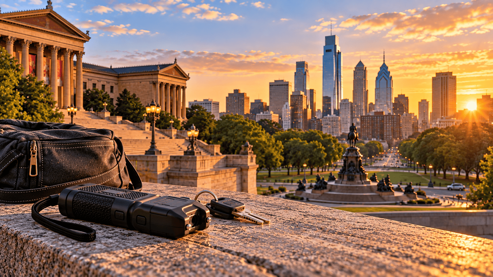 Personal belongings and a compact black self defense device on a stone ledge overlooking the Philadelphia Museum of Art and city skyline at sunset
