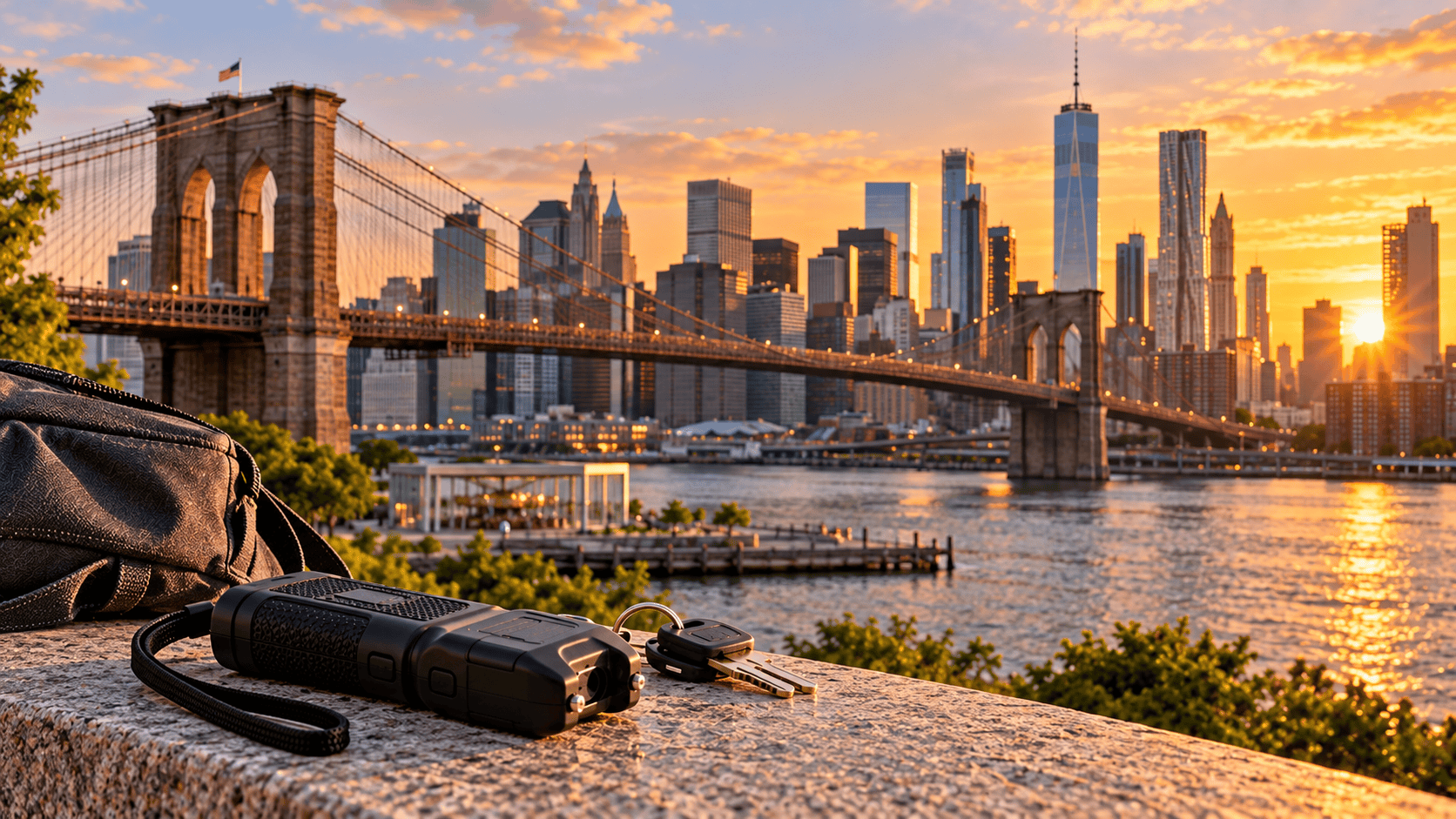 Personal belongings on a stone ledge overlooking the Brooklyn Bridge Manhattan skyline and East River at sunset