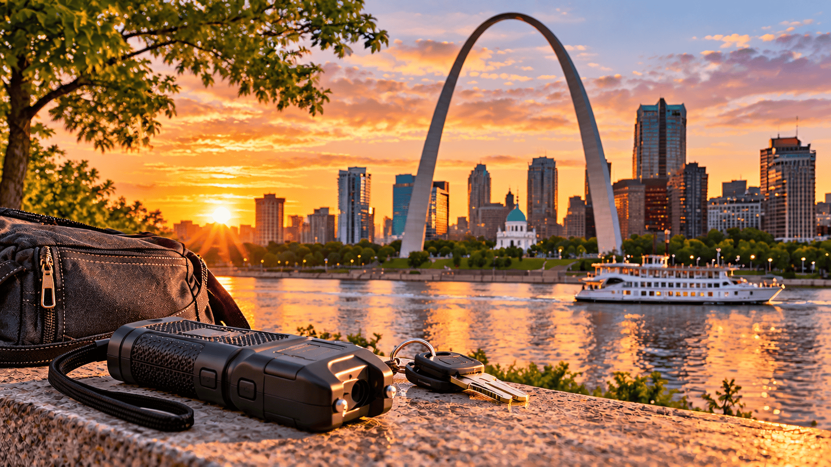 Compact black self defense device keys and bag on a stone ledge overlooking the Gateway Arch Mississippi River and St Louis skyline at sunset