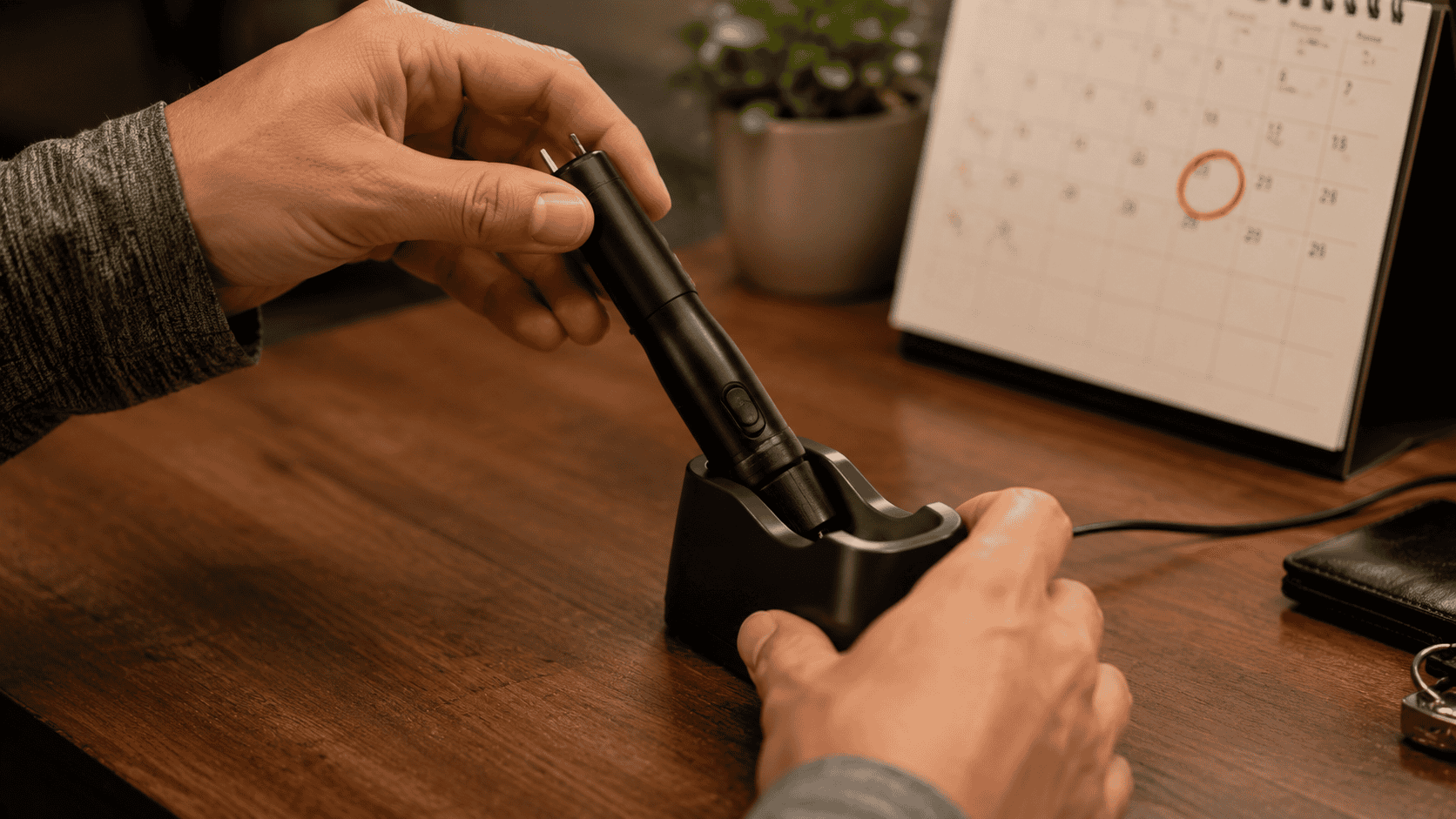 Hands placing a black stun baton into a charging cradle on a wooden desk with a calendar in the background under warm indoor lighting