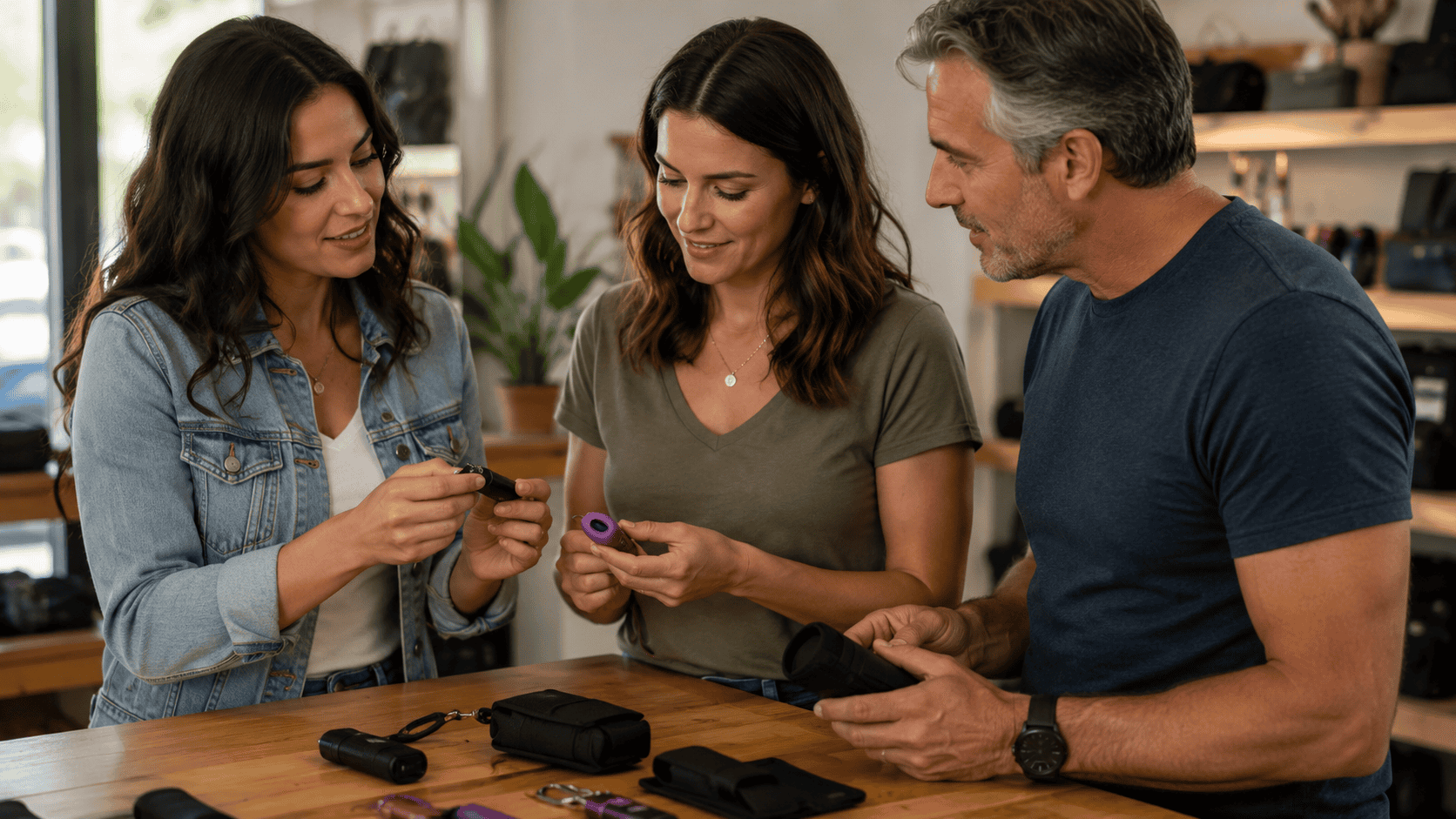A warm editorial style photograph showing three casually dressed adults gathered around a wooden retail counter examining stun gun accessories including holsters charging cords and compact personal safety devices The scene is naturally lit with a calm friendly atmosphere and a clean shop background