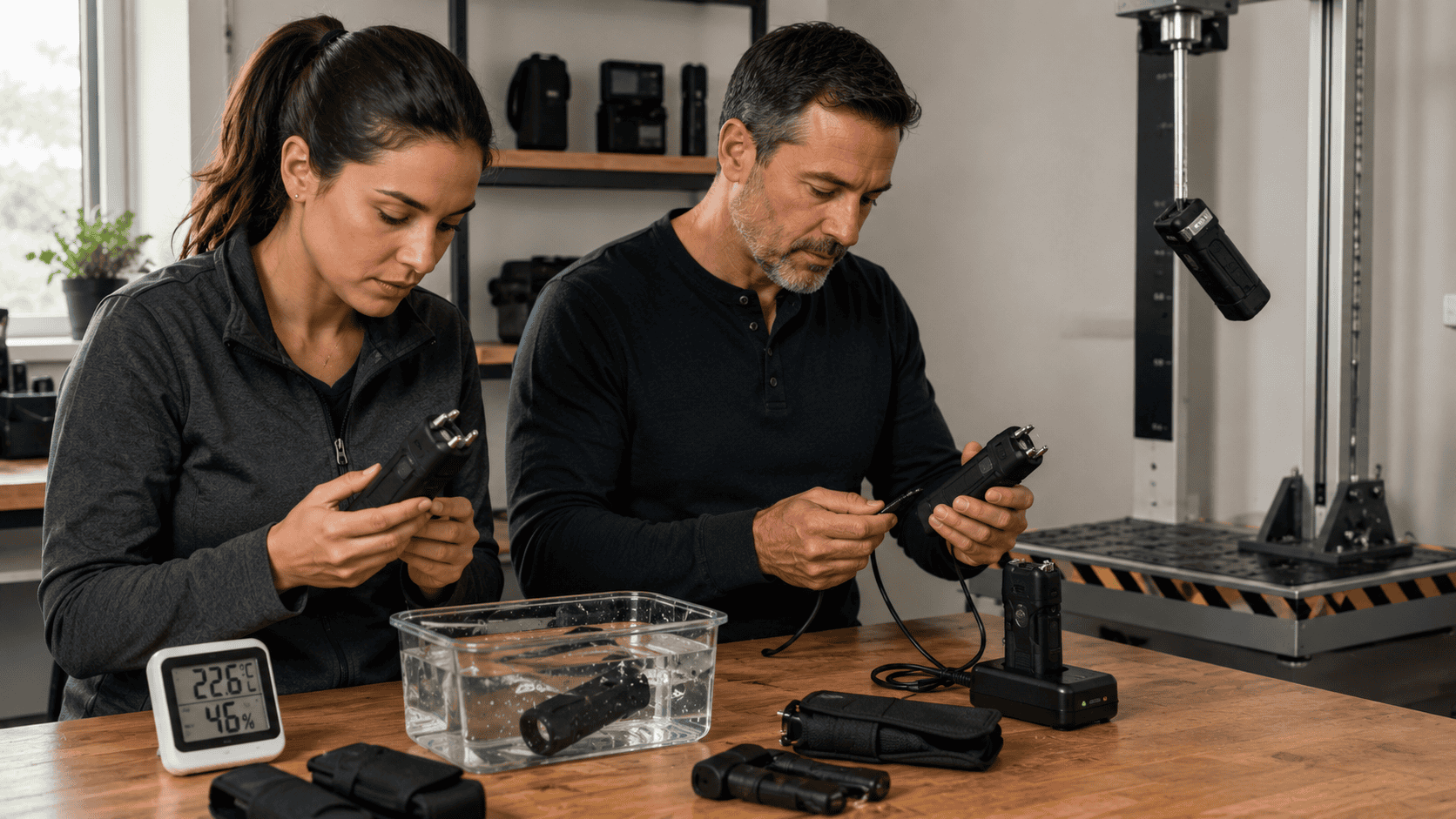Editorial style photograph of two adults in a workshop testing and inspecting stun guns and charging equipment on a wooden workbench with durability testing tools moisture exposure setup and electronic accessories visible in a clean professional environment