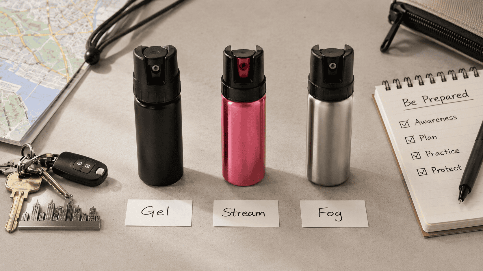 Editorial style flat lay photograph showing three personal defense spray canisters arranged side by side to represent gel stream and fog formulas on a clean neutral surface Small label cards sit in front of each canister with nearby props including a city themed keychain a folded trail map and a notepad checklist Soft directional lighting creates gentle shadows giving the scene a calm organized and preparedness focused atmosphere