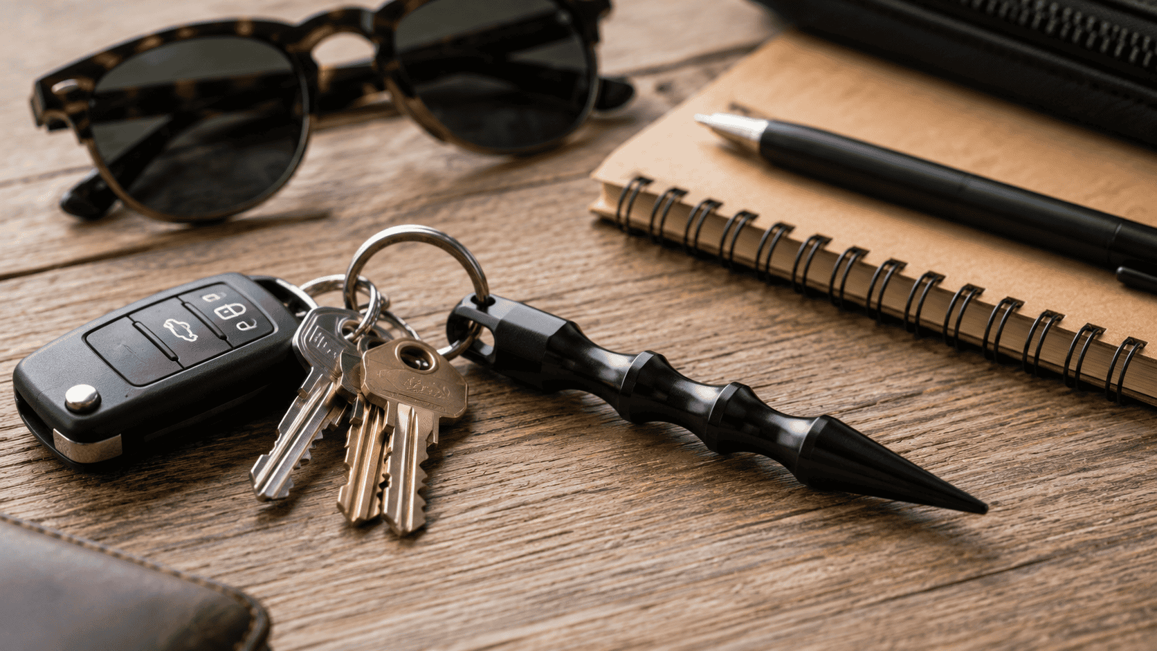 Self defense keychain resting beside everyday carry items including keys and sunglasses on a wooden table