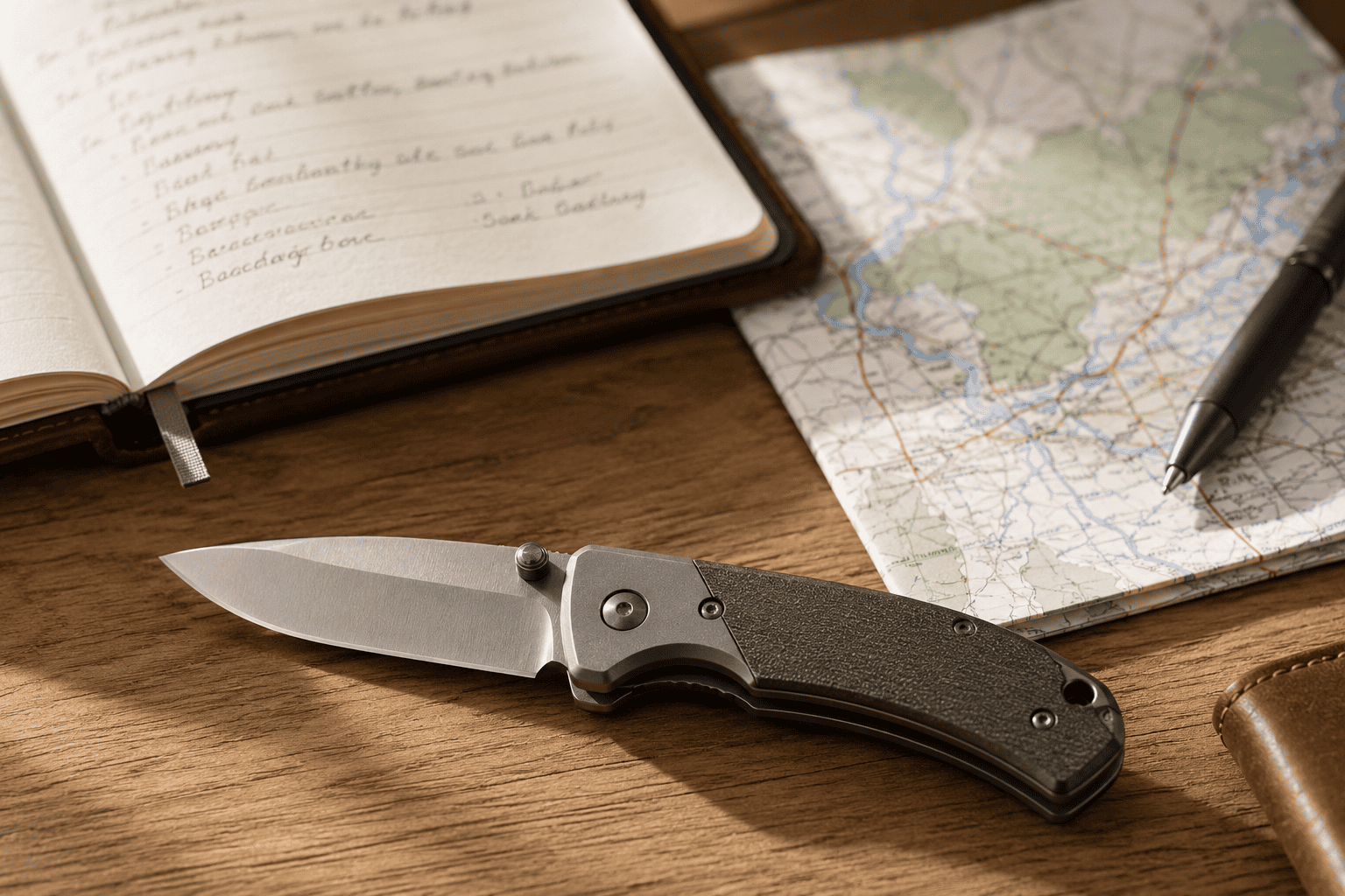Close up editorial photograph of a folding pocket knife with an approximately 3 inch blade resting on a wooden surface beside an open notebook with handwritten notes a folded state map and a pen Soft natural window light creates a warm and thoughtful atmosphere conveying careful planning responsible decision making and an organized preparedness mindset