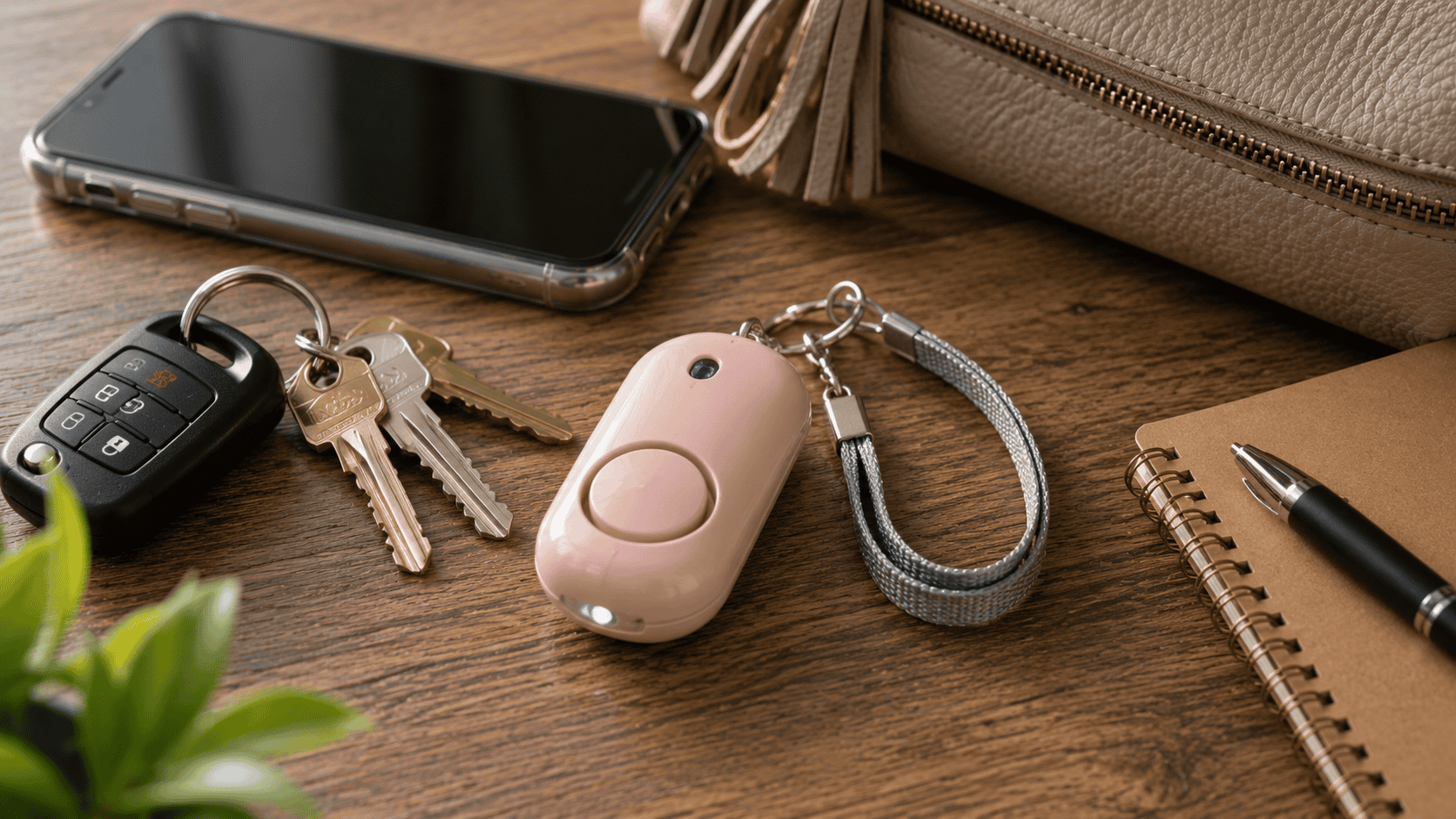 Compact personal alarm keychain resting beside keys and everyday carry items on a wooden surface