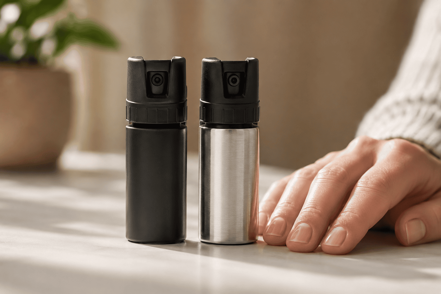 Close up editorial photograph of two compact personal defense spray canisters resting side by side on a clean neutral surface one matte black and one brushed silver illuminated by soft natural window light A womans relaxed hand with natural nails rests nearby against a warm softly blurred background creating a calm organized and approachable self defense workspace atmosphere