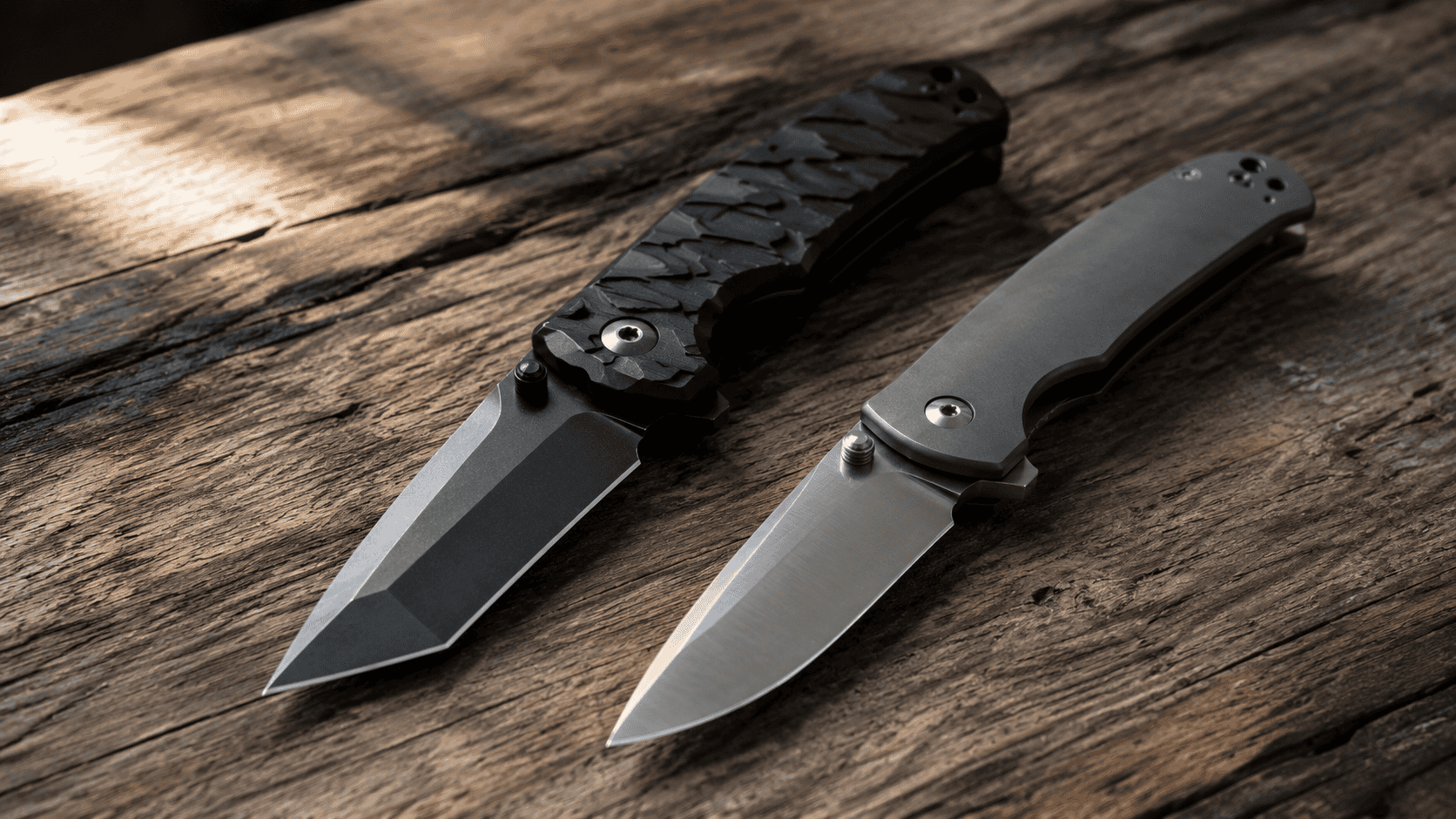 Two folding knives on a weathered wooden surface featuring a tactical tanto blade and a sleek everyday carry drop point design in soft natural light