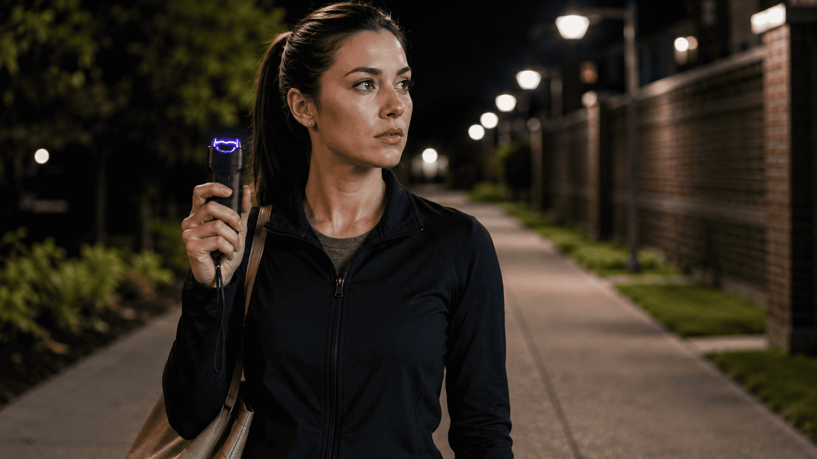 Woman holding a compact stun gun while walking along a well lit path at night