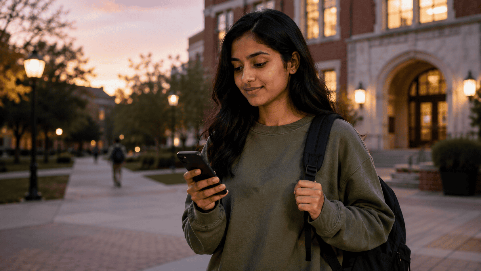 Editorial style photograph of a young South Asian college age woman standing outside a university building at dusk casually dressed with a backpack and looking thoughtfully at her phone Warm evening light and a softly blurred campus background create a calm alert and empowering atmosphere that conveys confidence and everyday preparedness