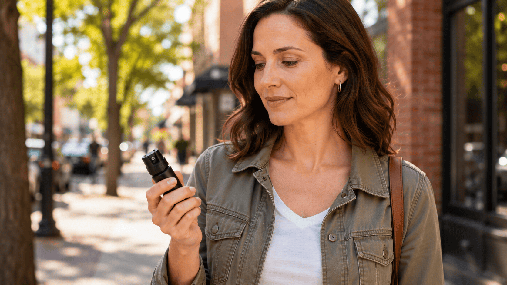 Editorial style photograph of a casually dressed woman in her mid thirties standing on a sunlit urban sidewalk thoughtfully holding a small personal pepper spray canister in her hand Warm natural afternoon light illuminates her calm confident expression while a softly blurred city background creates a grounded and preparedness focused atmosphere without conveying fear or urgency