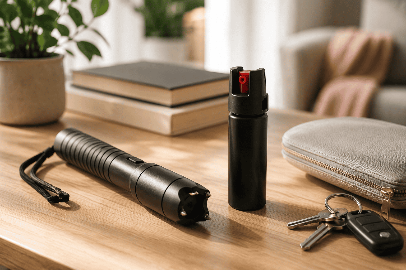 Essential Safety Tools Including A Stun Baton And Pepper Spray Displayed On A Wooden Table
