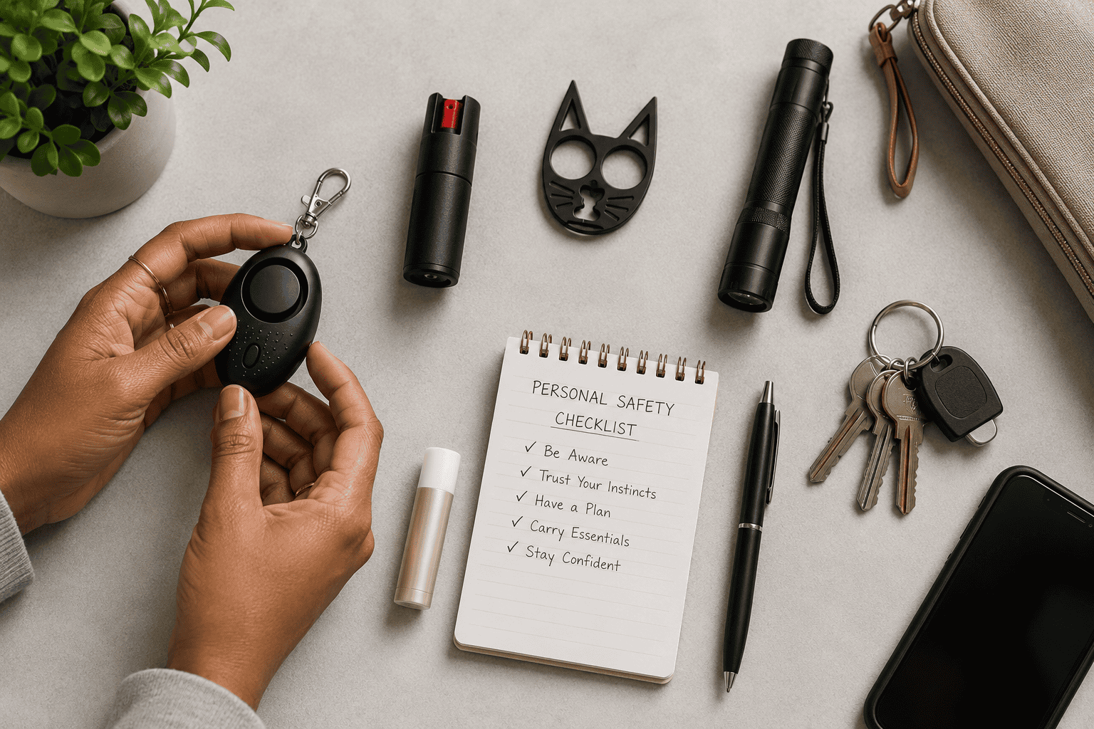 ChatGPT Image ONE Jun 24 2026 043809 PM | Nittany Self Defense | Nittany Self Defense Personal safety kit with pepper spray personal alarm keys and a handwritten checklist arranged on a tabletop illustrating preparedness awareness and thoughtful self protection planning