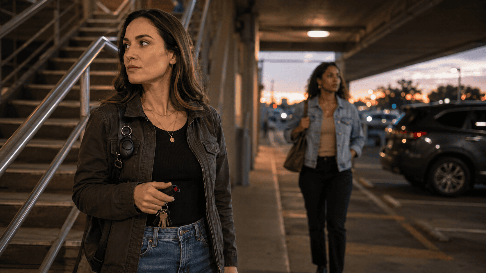 ChatGPT Image One Jun 23 2026 124418 PM | Nittany Self Defense | Nittany Self Defense Confident woman carrying a keychain pepper spray and personal alarm near a parking garage at dusk illustrating everyday preparedness situational awareness and personal safety