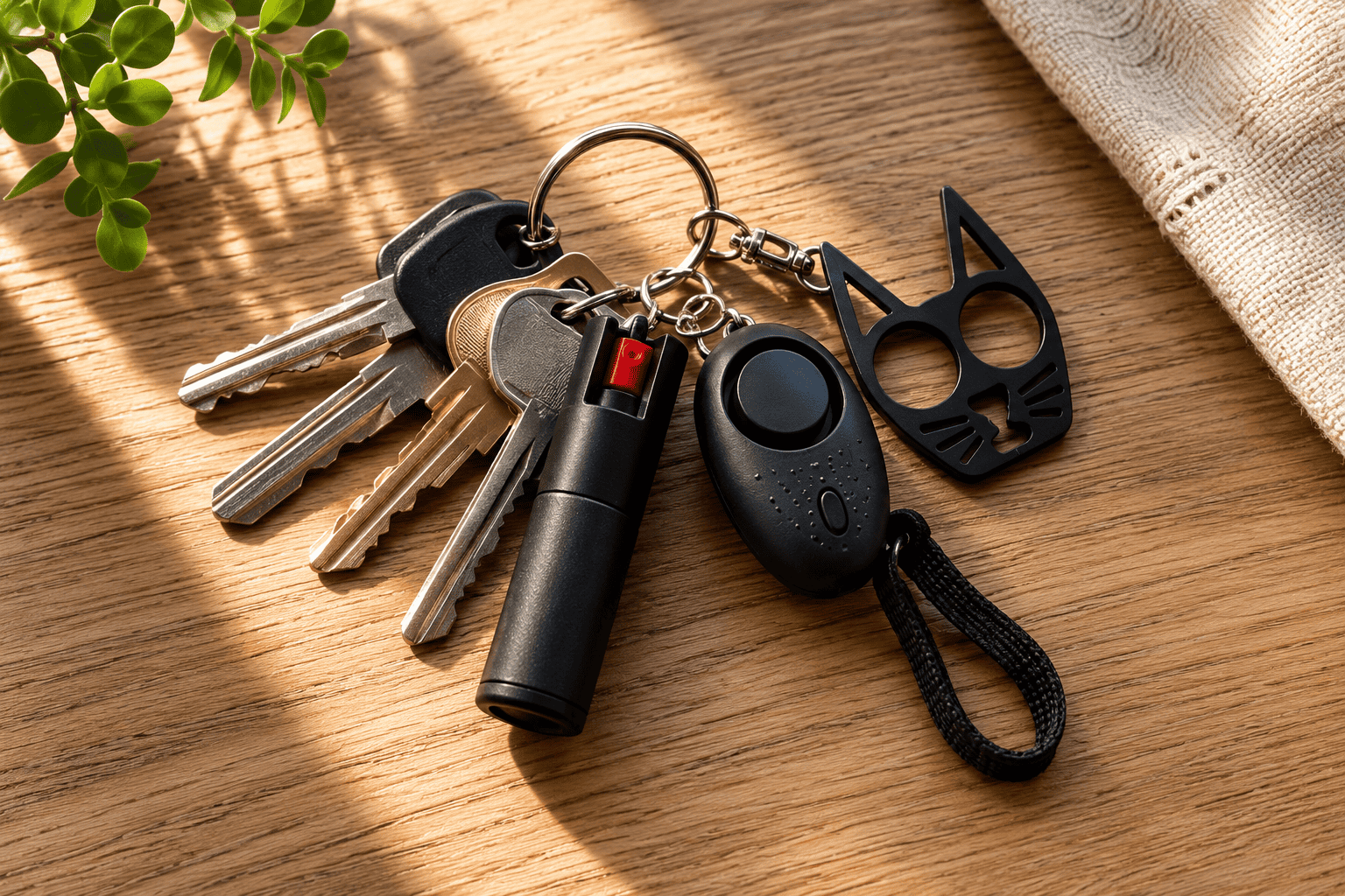 ChatGPT Image Three Jun 19 2026 | Nittany Self Defense | Nittany Self Defense Flat lay photograph of keys and compact personal safety accessories arranged on a clean wooden tabletop in soft natural light The warm organized composition emphasizes convenience preparedness and everyday carry essentials in a home setting