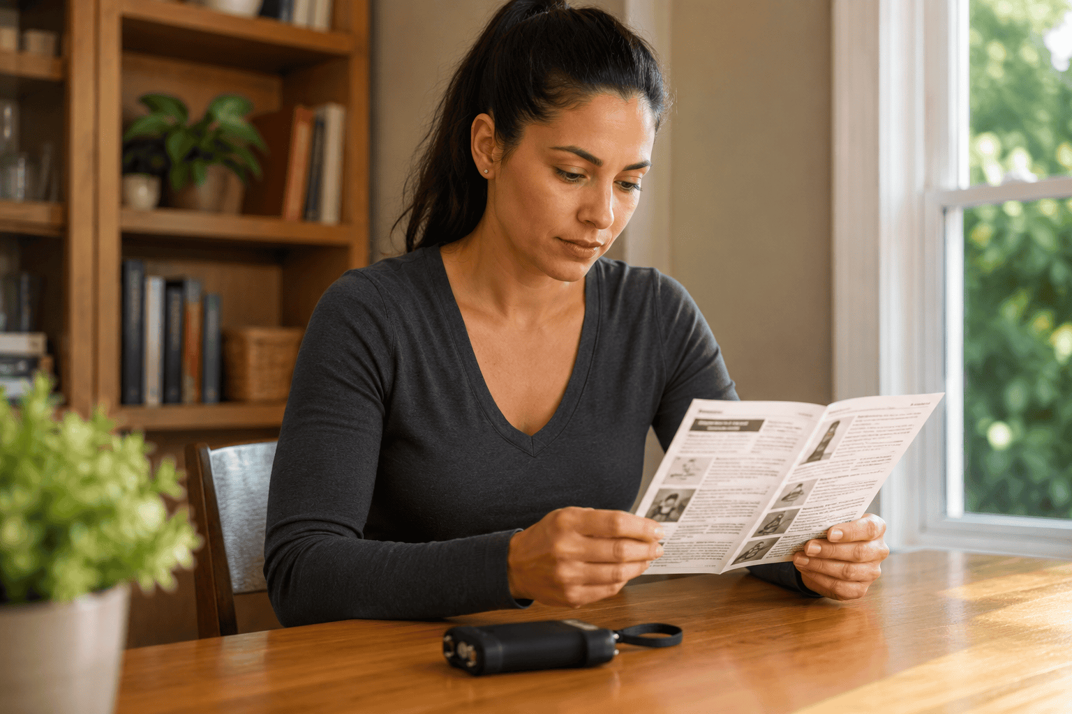 ChatGPT Image Jul 14 2026 | Nittany Self Defense | Nittany Self Defense A woman sits at a wooden table in a bright home setting carefully reading a printed safety guide while a compact stun gun rests nearby emphasizing responsible learning preparedness and safe self defense education