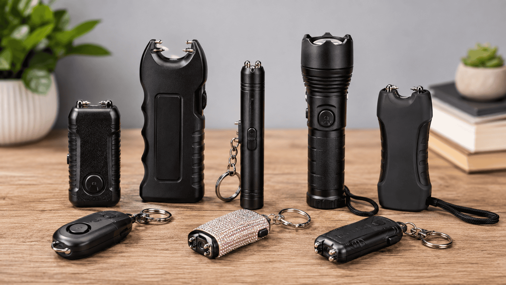 Streetwise Stun Gun Styles and Options | Nittany Self Defense | Nittany Self Defense Assortment of compact keychain flashlight style and handheld stun gun designs arranged on a table for comparison