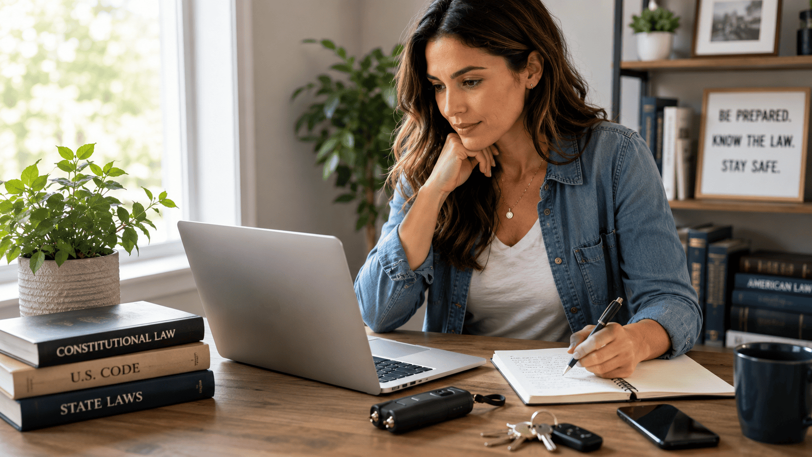 ChatGPT Image Two Aug 15 2026 | Nittany Self Defense | Nittany Self Defense Woman researching stun gun laws before purchasing or carrying a personal safety device