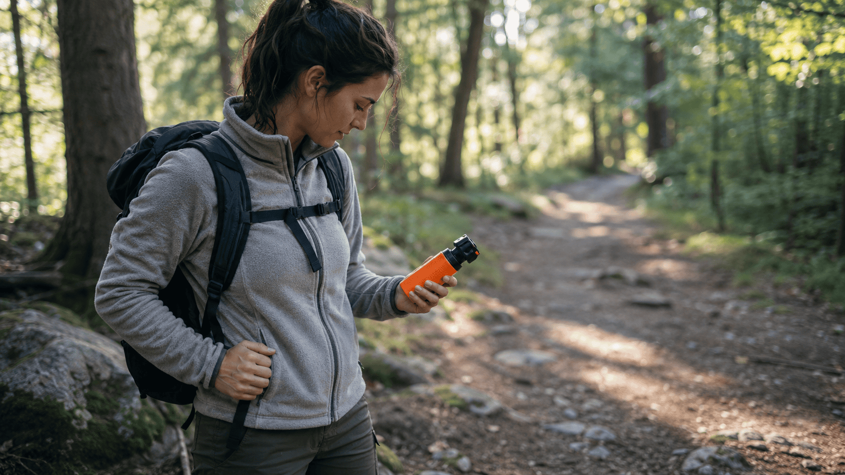 A focused alert hiker on a wooded trail pauses to check a compact orange bear spray canister clipped to their hip examining the expiration label carefully The scene is bathed in early morning forest light with dappled shadows through the trees The mood is calm but attentive  a person who is prepared not panicked Shot in a photorealistic editorial photography style horizontal 169 composition no visible brand logos or text on any products