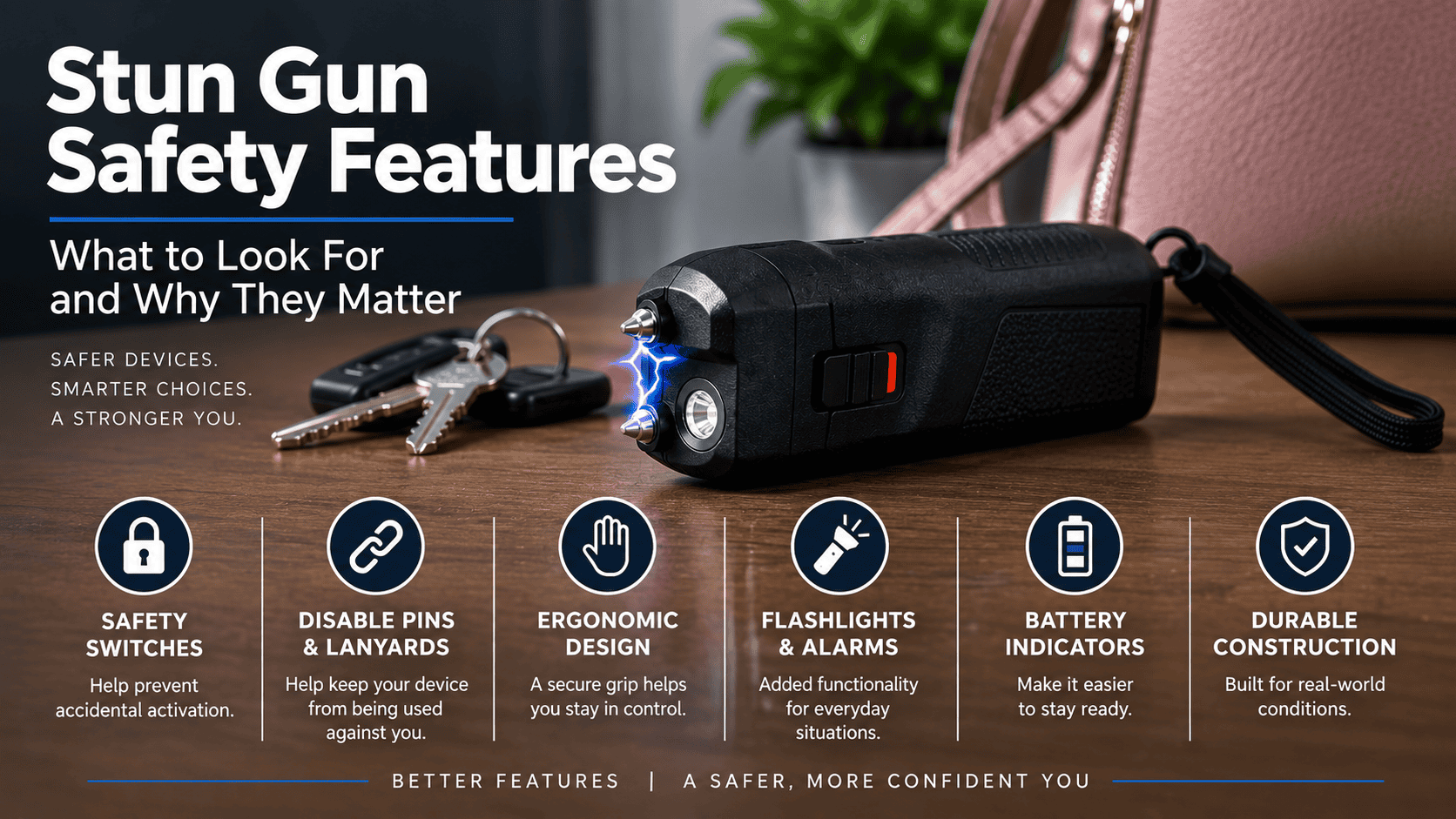 Stun gun with safety switch wrist lanyard flashlight battery indicator and other common safety features