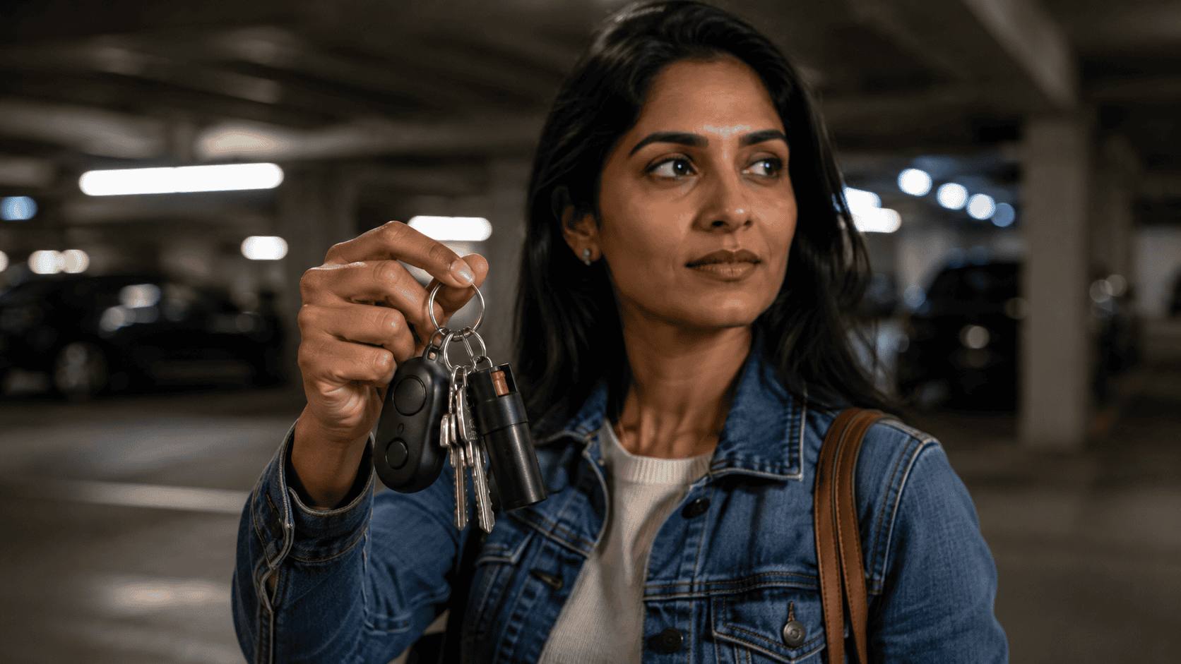 Personal Safety Alarm and Pepper Spray on Keychain | Nittany Self Defense | Nittany Self Defense South Asian woman holding a keyring with a compact personal safety alarm and pepper spray while standing in a parking garage illustrating everyday personal safety preparedness