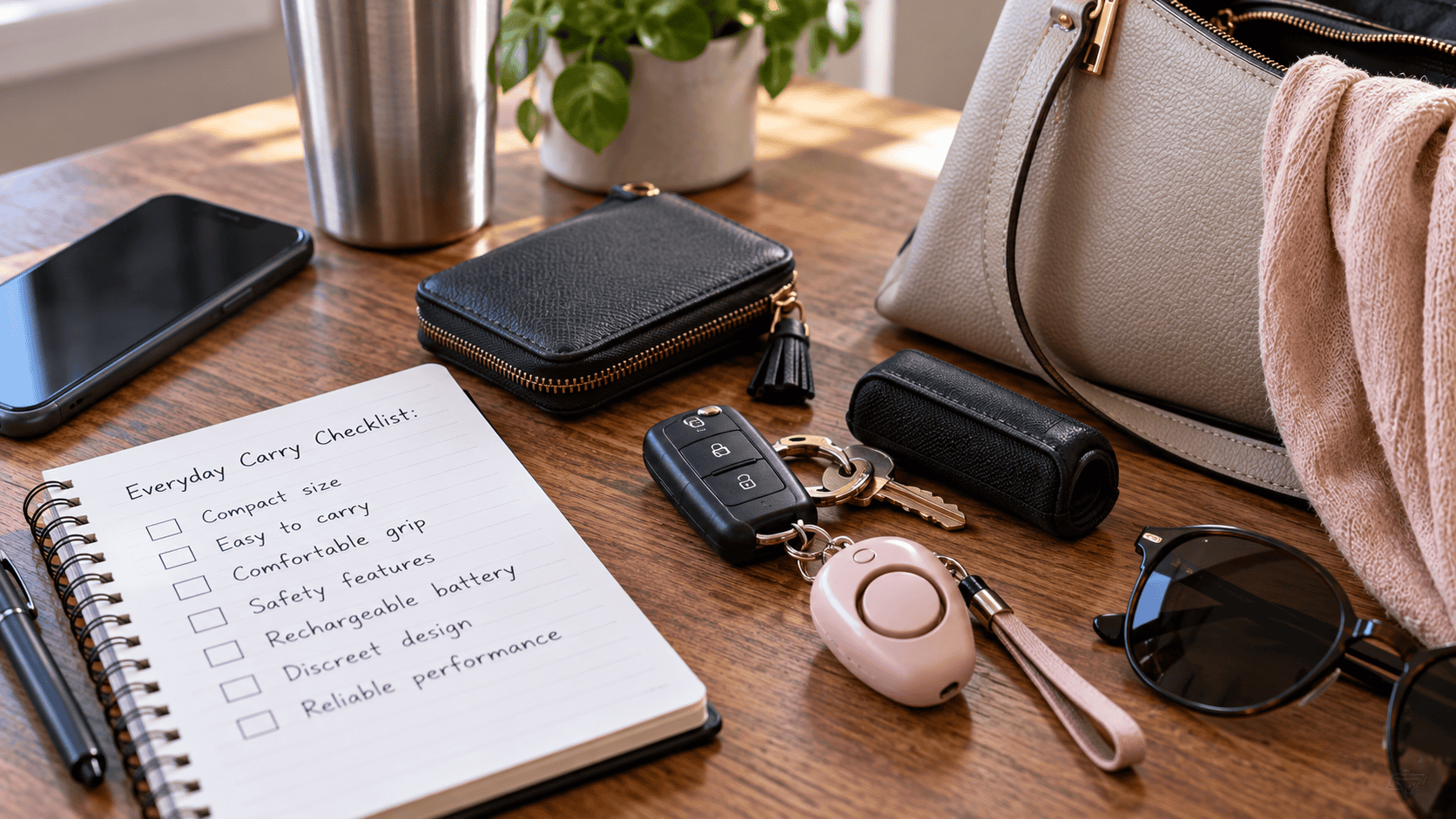 Everyday carry items arranged beside a handbag with keys personal alarm phone sunglasses and a checklist for choosing a compact personal safety device