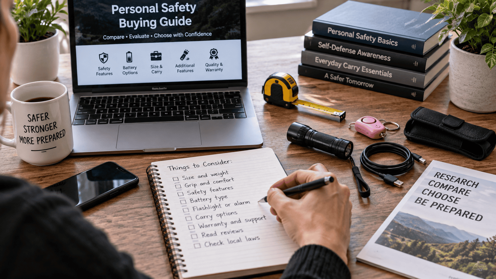 Person researching personal safety products at a desk with a laptop checklist flashlight personal alarm charging cable and carry accessories