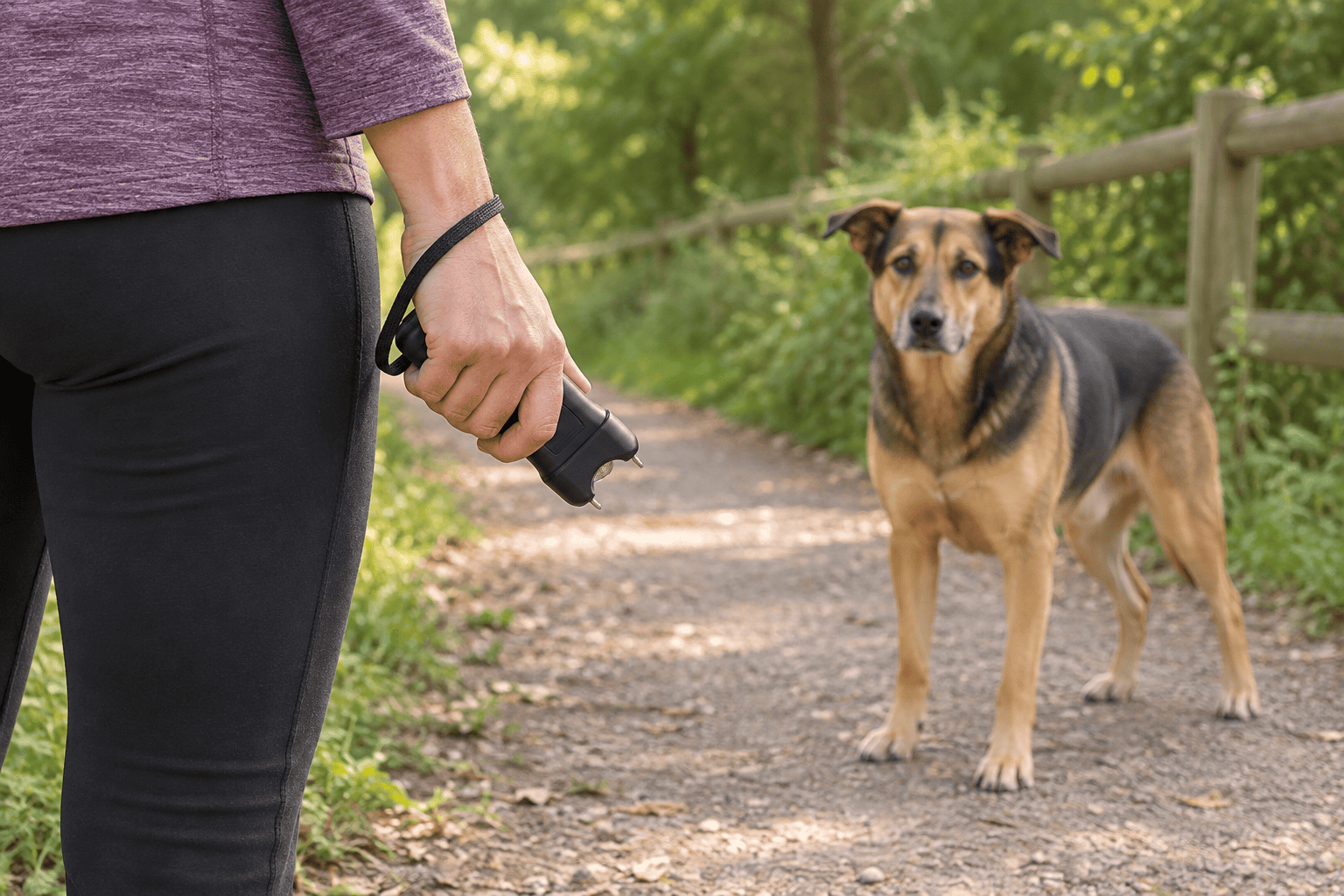 Person holding a compact stun gun while maintaining distance from an alert dog on a wooded walking trail