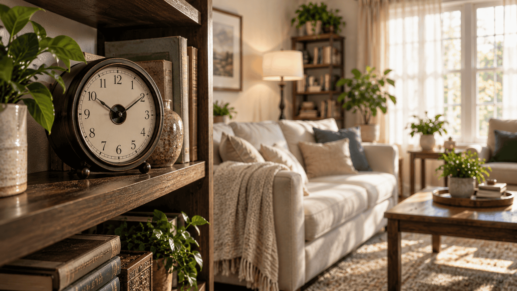 Decorative shelf clock in a warm sunlit living room with books houseplants and a neutral sofa