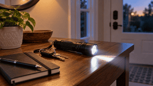 Rechargeable LED flashlight on an entryway table beside car keys and a notebook at dusk
