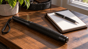 Closed telescopic baton resting on a wooden table beside a notepad and pen in natural window light