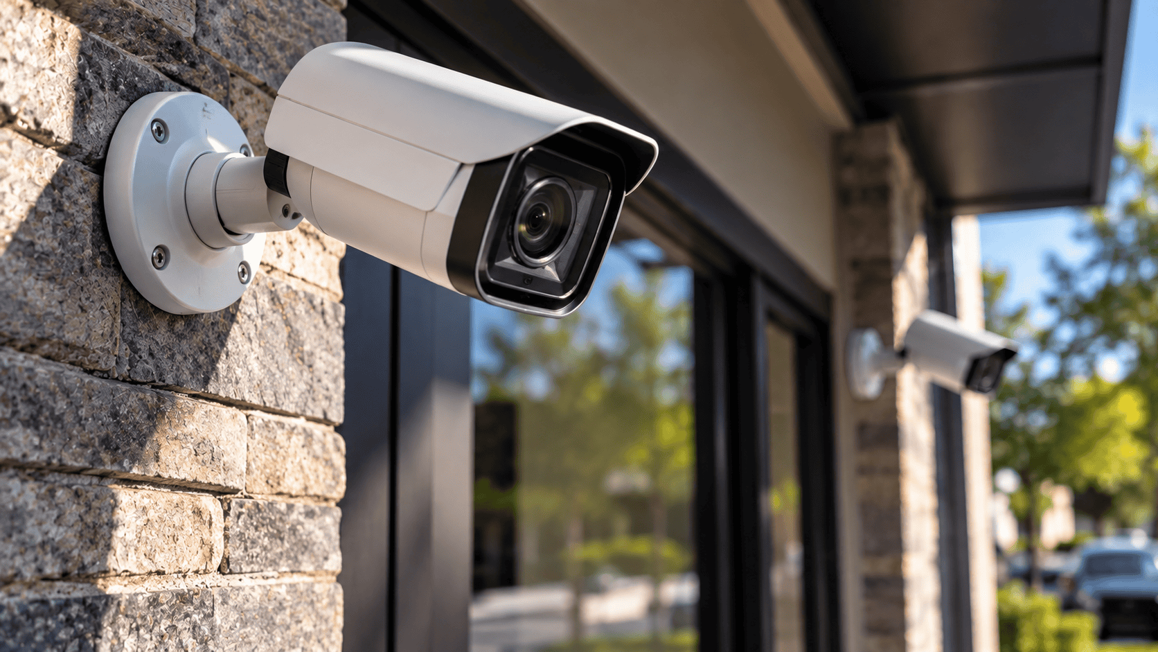 Exterior security camera mounted on a building wall with a second surveillance camera visible in the background