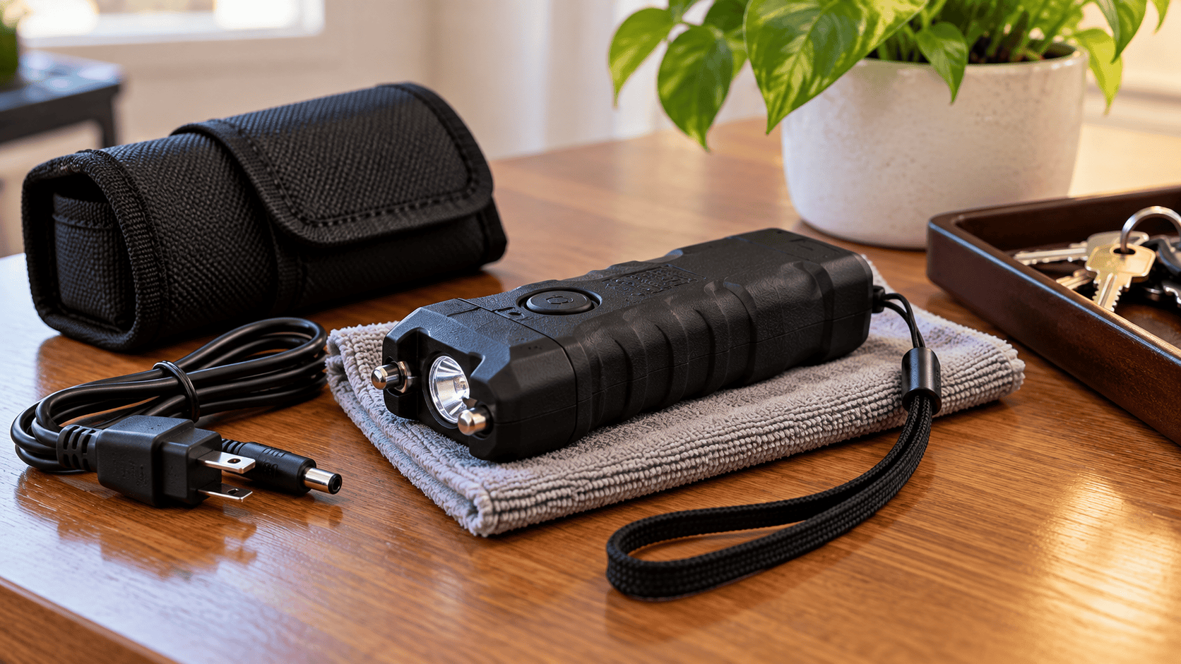 Compact stun gun with charging cord wrist strap carrying case and cleaning cloth arranged on a wooden table