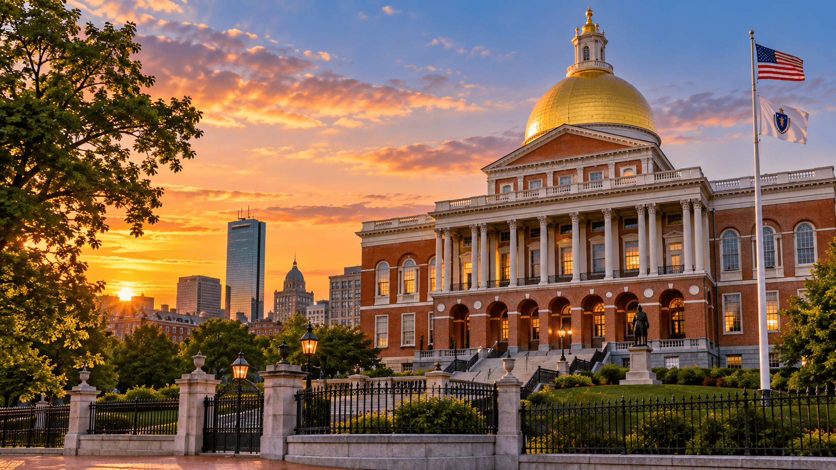 Massachusetts State House in Boston with its golden dome illuminated by warm sunset light